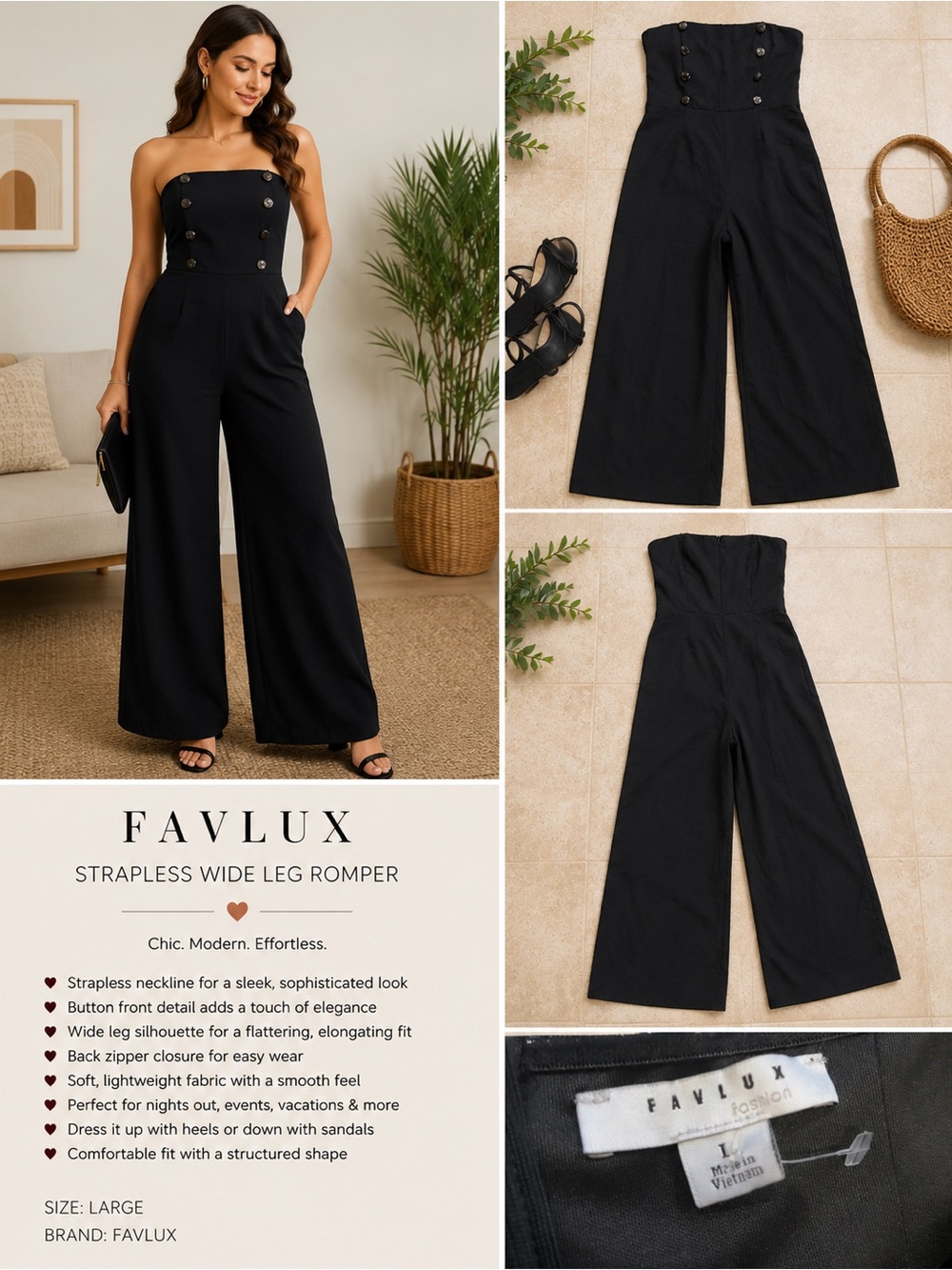 FAVLUX Black Strapless Wide-Leg Jumpsuit with Button Front
